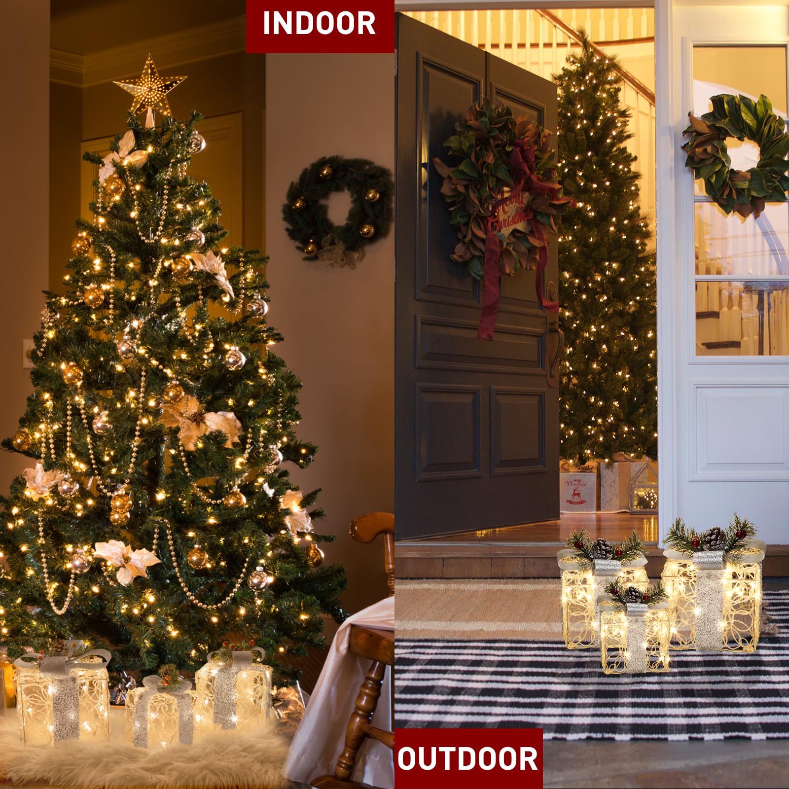 EAMBRITE stacked gift boxes on lawn creating vertical holiday focal point