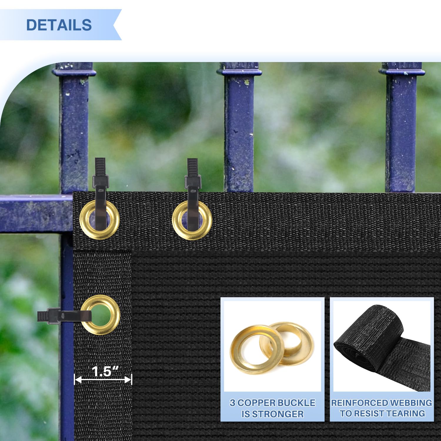 E&K Sunrise reinforced corner with copper grommets showing secure attachment points