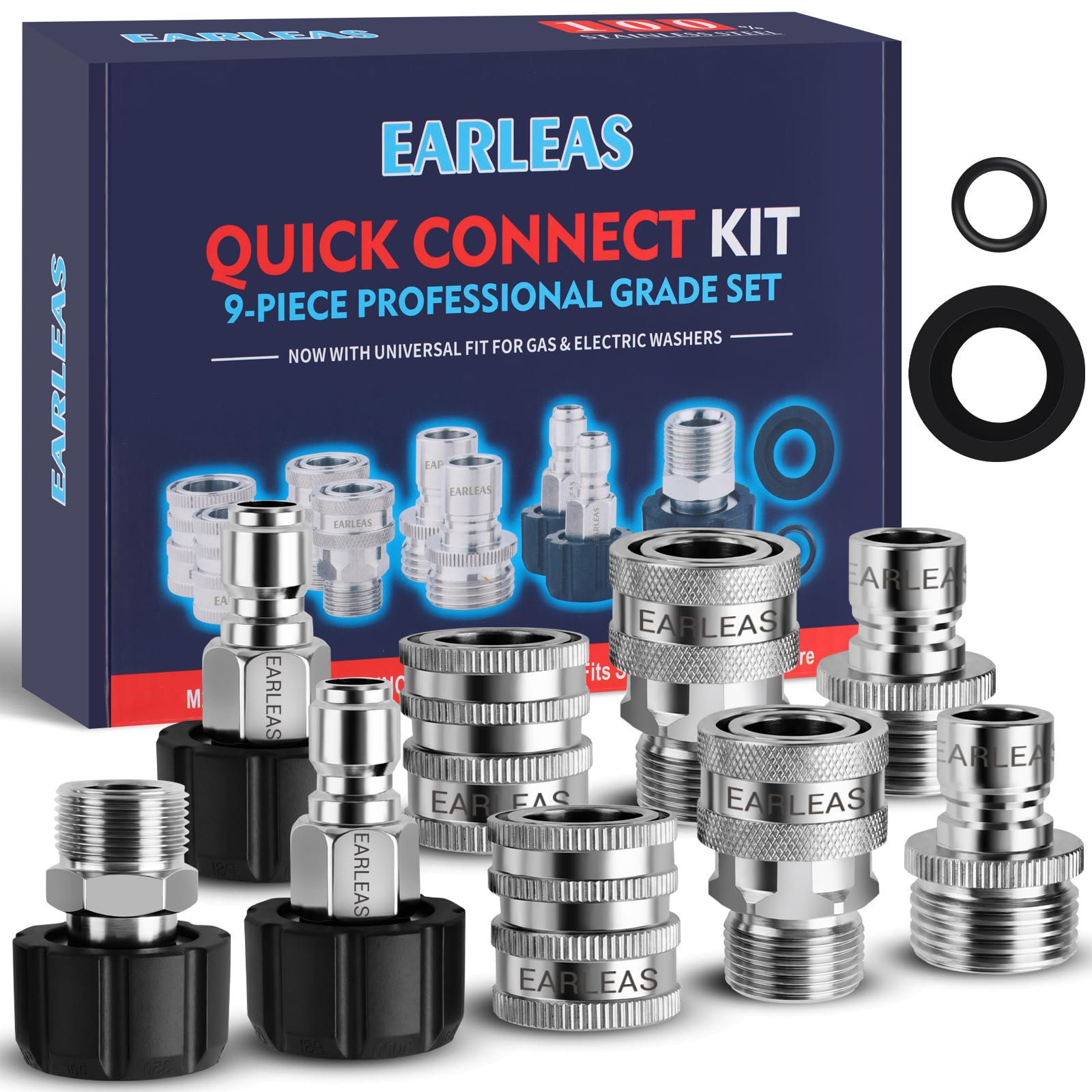 EARLEAS front view of 9-piece kit showing organized stainless components and fast setup