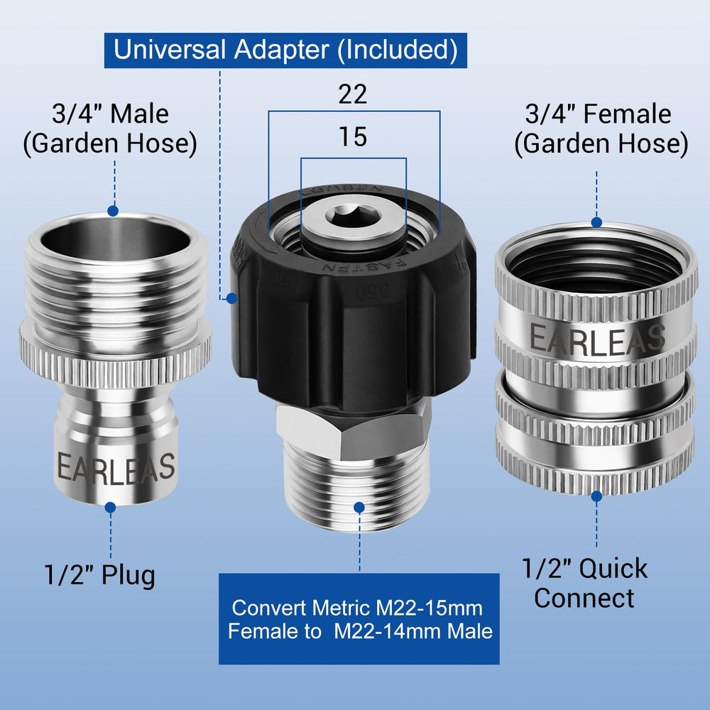 EARLEAS 3/4" garden-hose female connector showing easy low-pressure inlet hookup