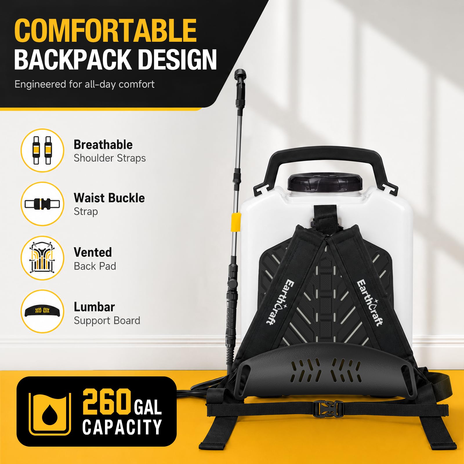 EARTHCRAFT padded shoulder straps and lumbar support for reduced user fatigue