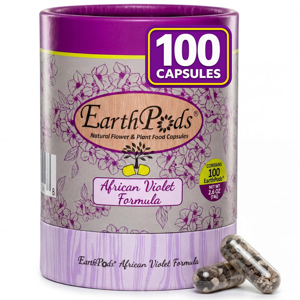 EarthPods front packaging showing tube of organic African violet fertilizer spikes for easy feeding