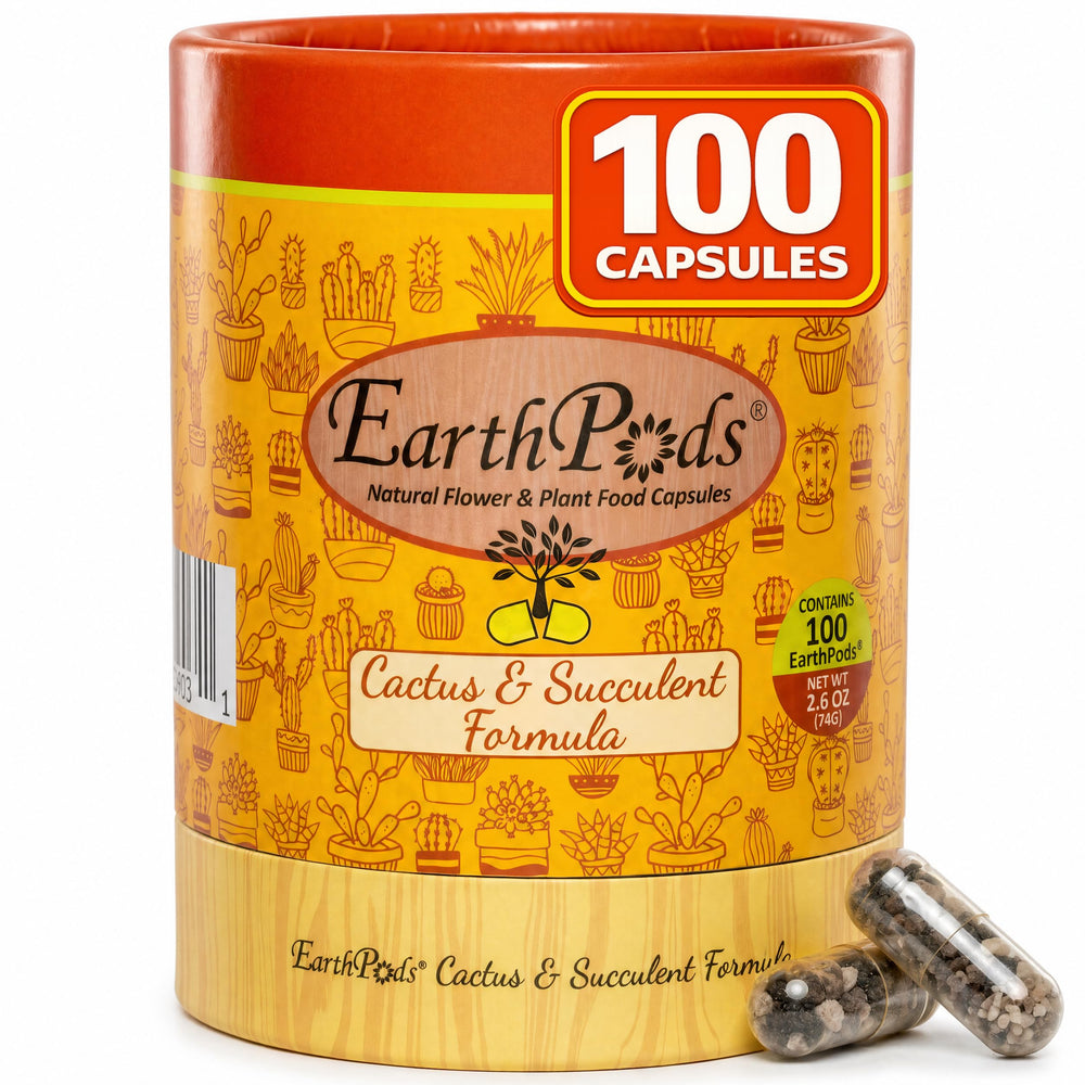 EarthPods front packaging tube showing 100 organic cactus fertilizer capsules and easy dosing