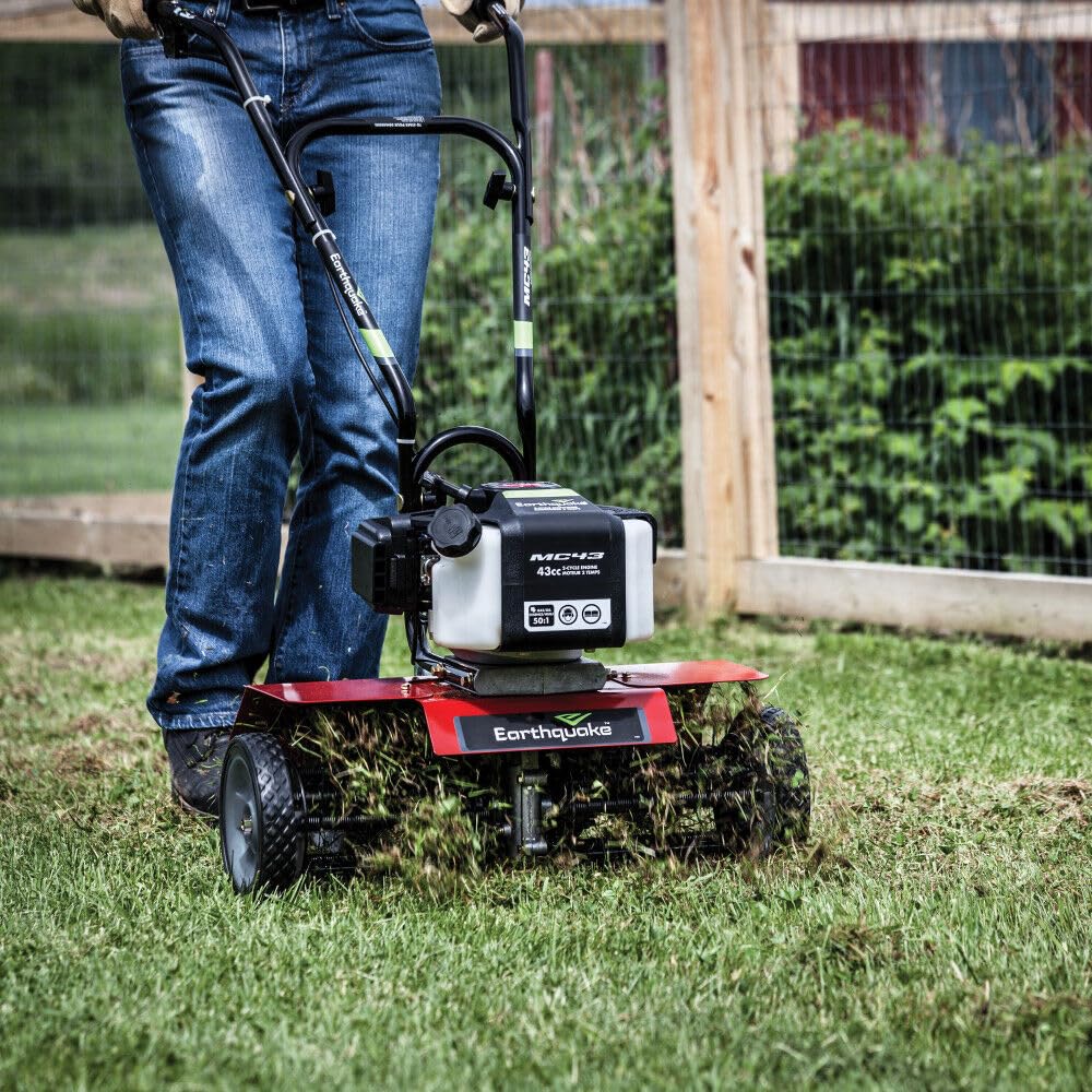EARTHQUAKE DK43 installed on cultivator demonstrating fast conversion and lawn benefit
