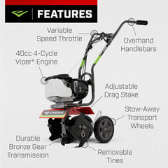 EARTHQUAKE MC440 Viper 40cc engine close-up highlighting quiet 4-cycle power