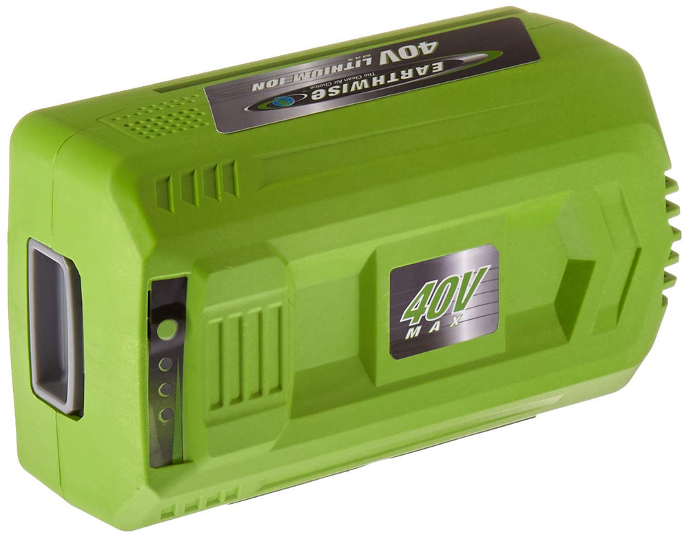 Earthwise BL84040 front view showing battery contacts and compact design for reliable power