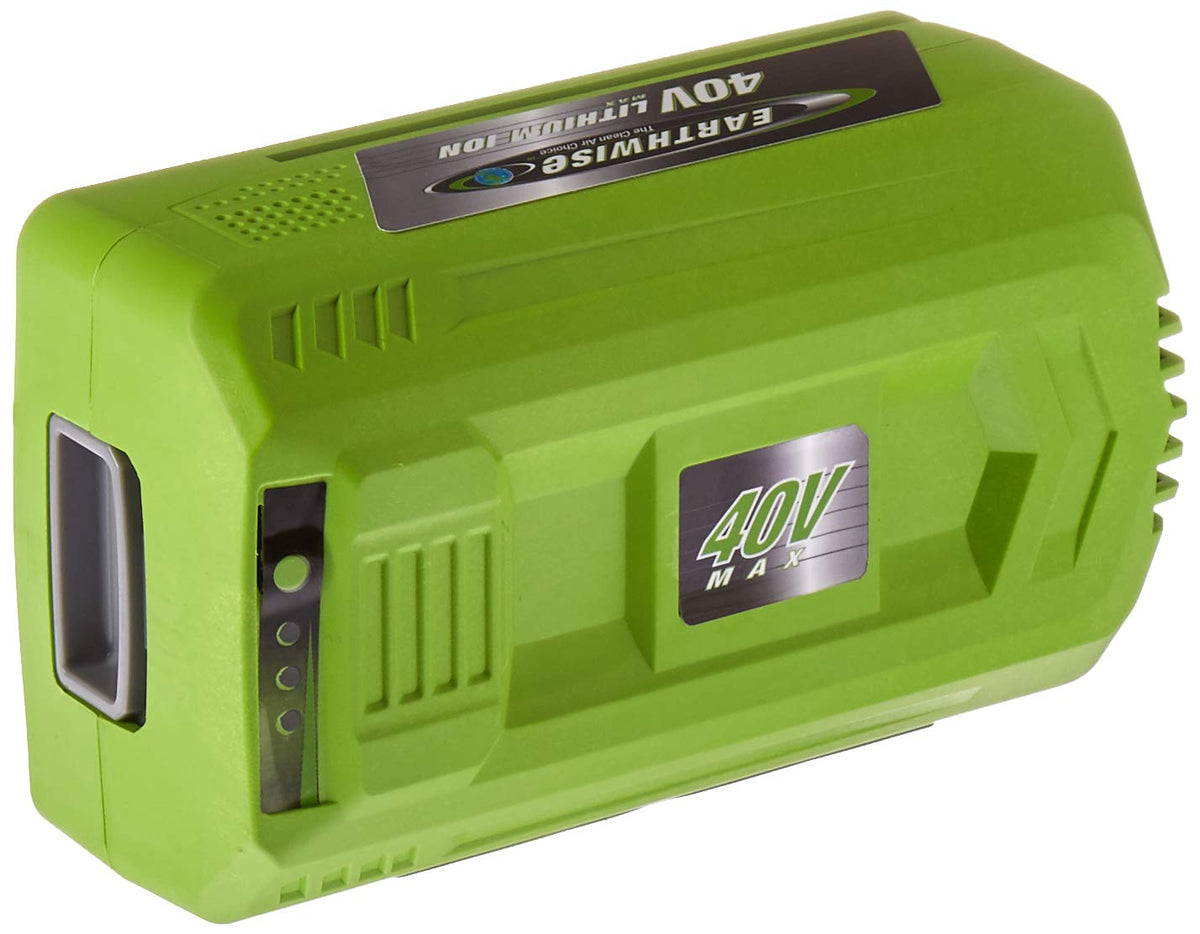 Earthwise BL84040 front view showing battery contacts and compact design for reliable power