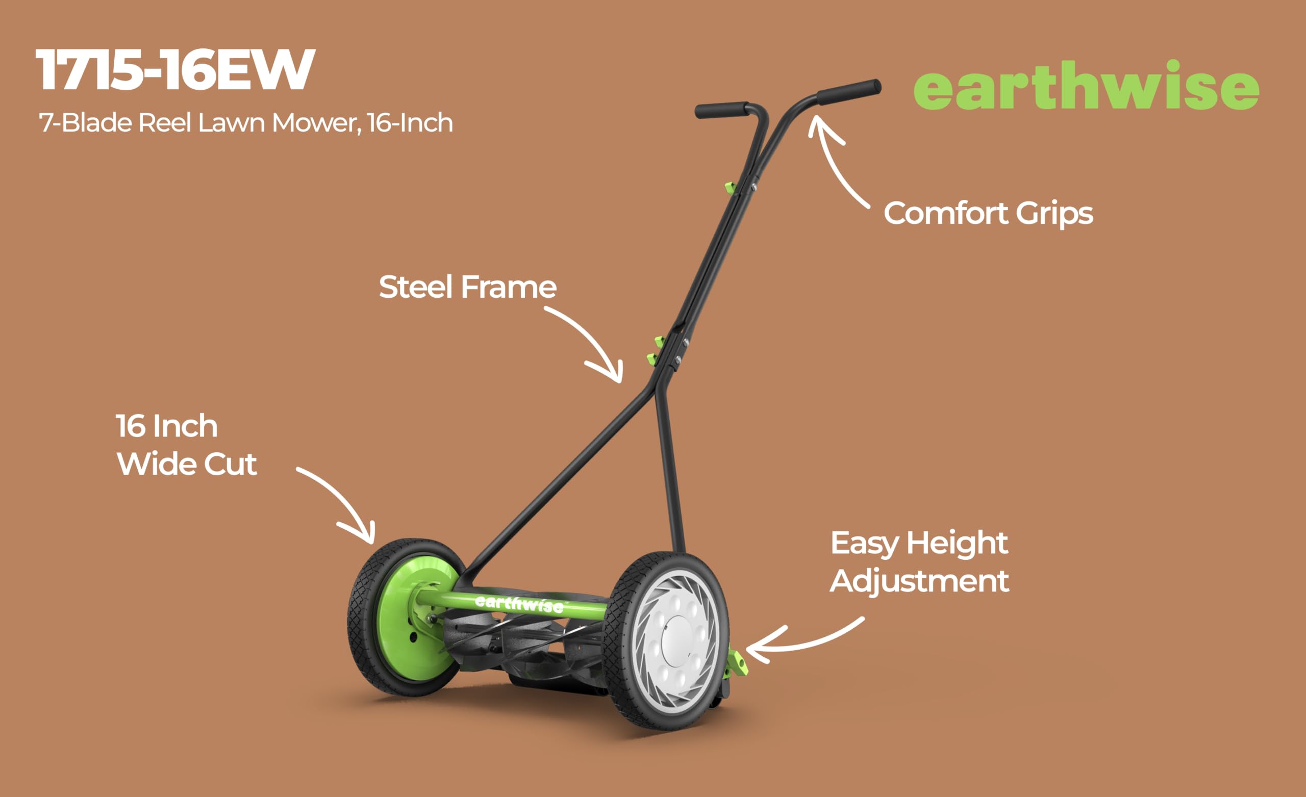 Earthwise close-up of 7-blade reel highlighting sharp alloy steel blades benefit