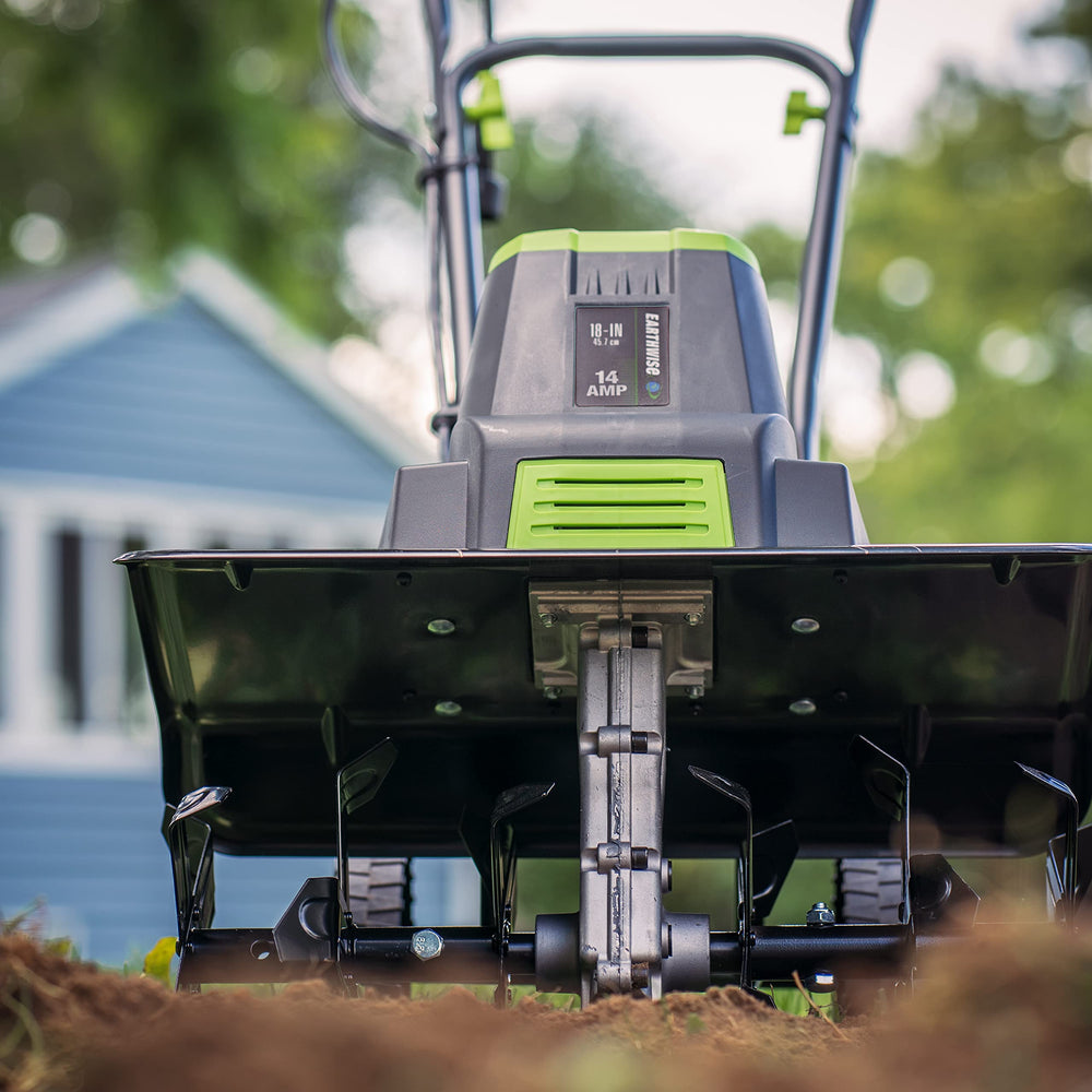 Earthwise tine depth demonstration reaching eight inches for effective tilling
