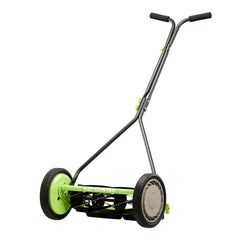 Earthwise front view showing 16-inch reel mower and clear cutting path benefit