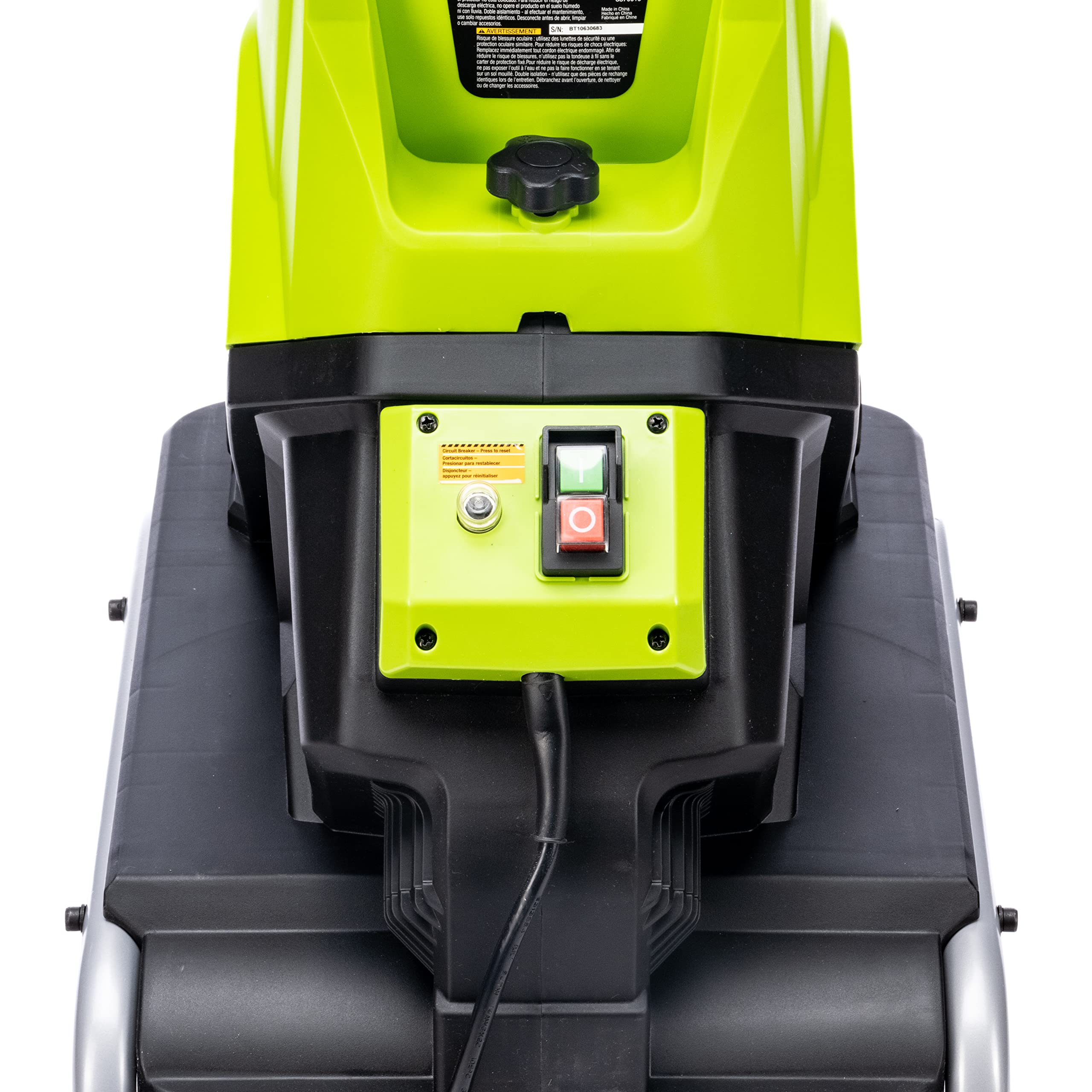 Earthwise GS70015 in use chipping a branch into mulch for reduced yard waste
