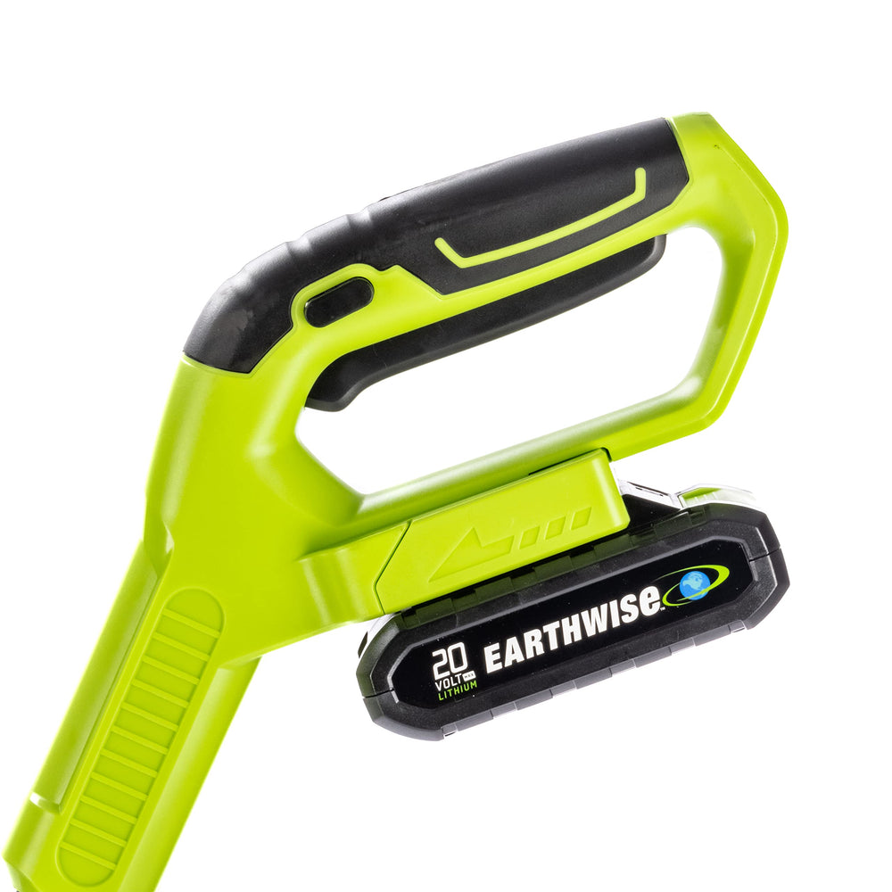 Earthwise handle and controls close-up offering simple one-hand operation