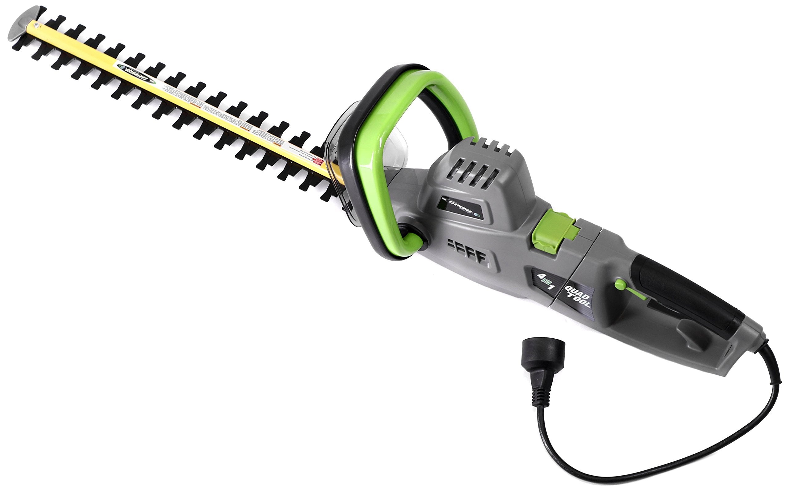 Earthwise hedge trimmer head angled to show 18-inch blade cutting benefit