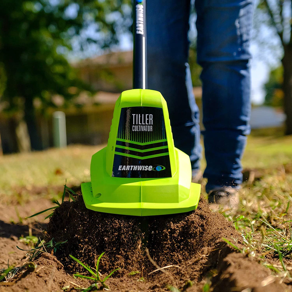 Earthwise tiller in use in a garden bed improving soil texture efficiently