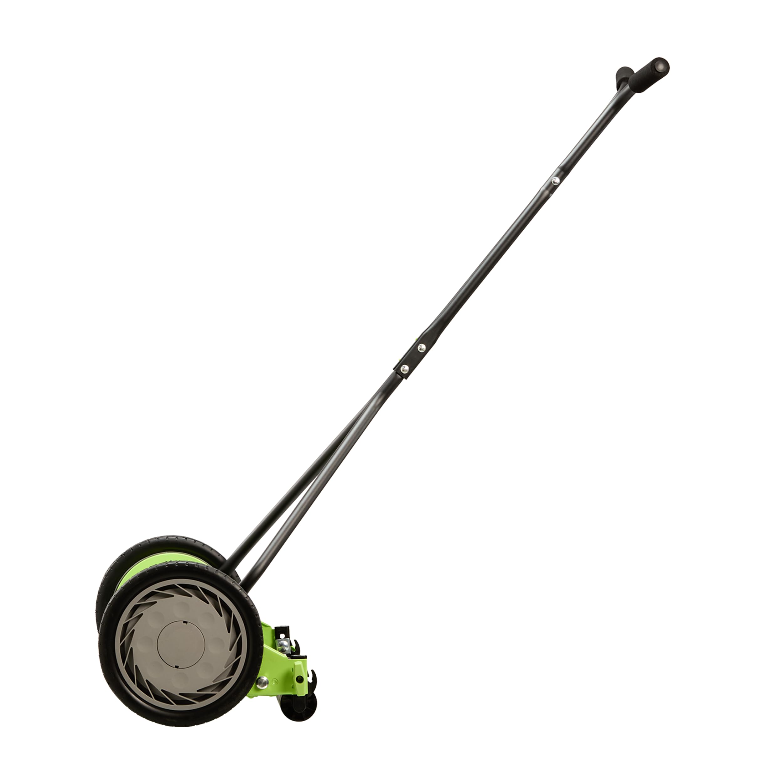 Earthwise mower placed in backyard lifestyle scene showing eco-friendly mowing benefit