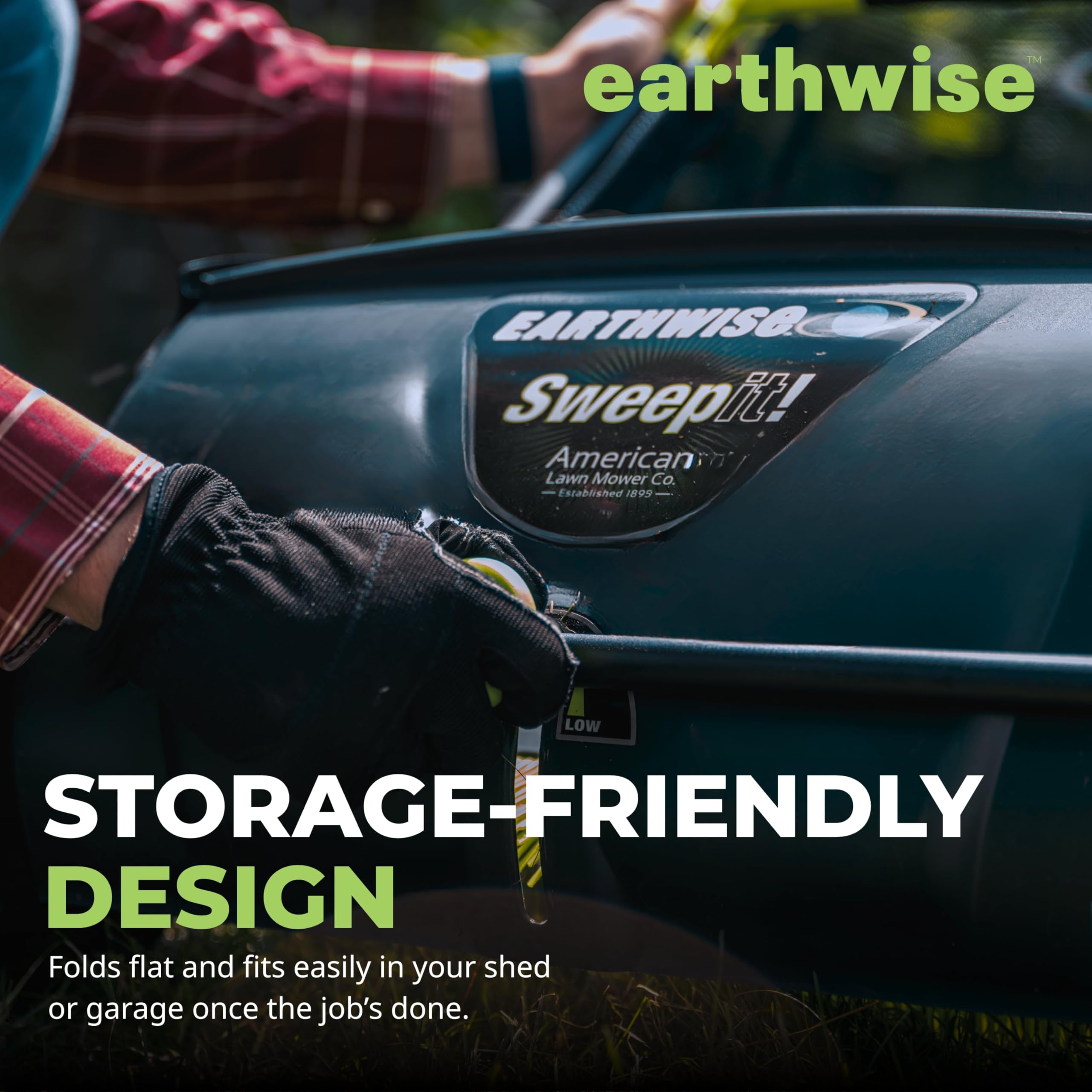 Earthwise next to a person for scale to show lightweight maneuverability