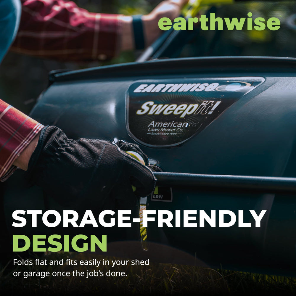Earthwise next to a person for scale to show lightweight maneuverability