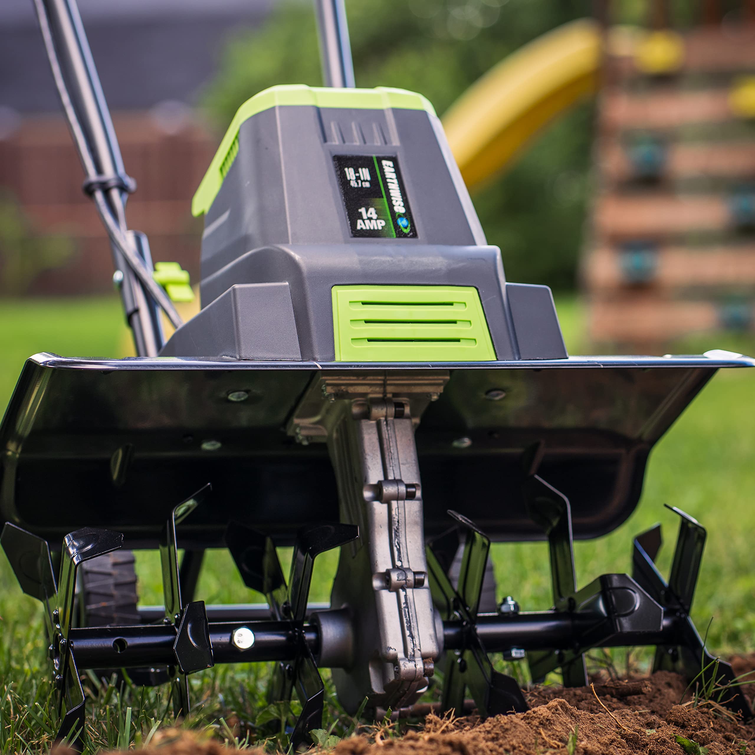 Earthwise compact storage folded with wheels up to save space