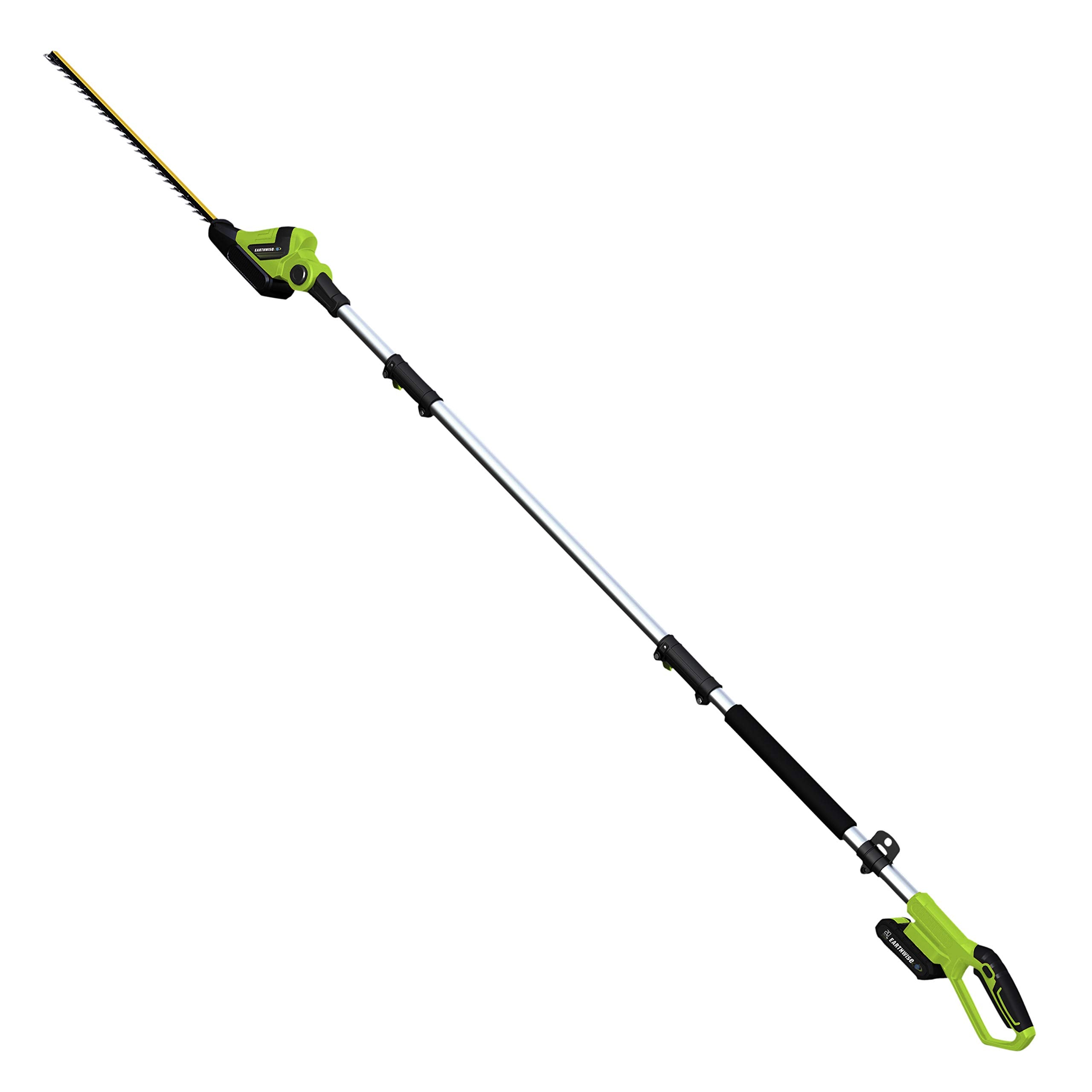 Earthwise pole trimmer front view showing compact cordless design and portability