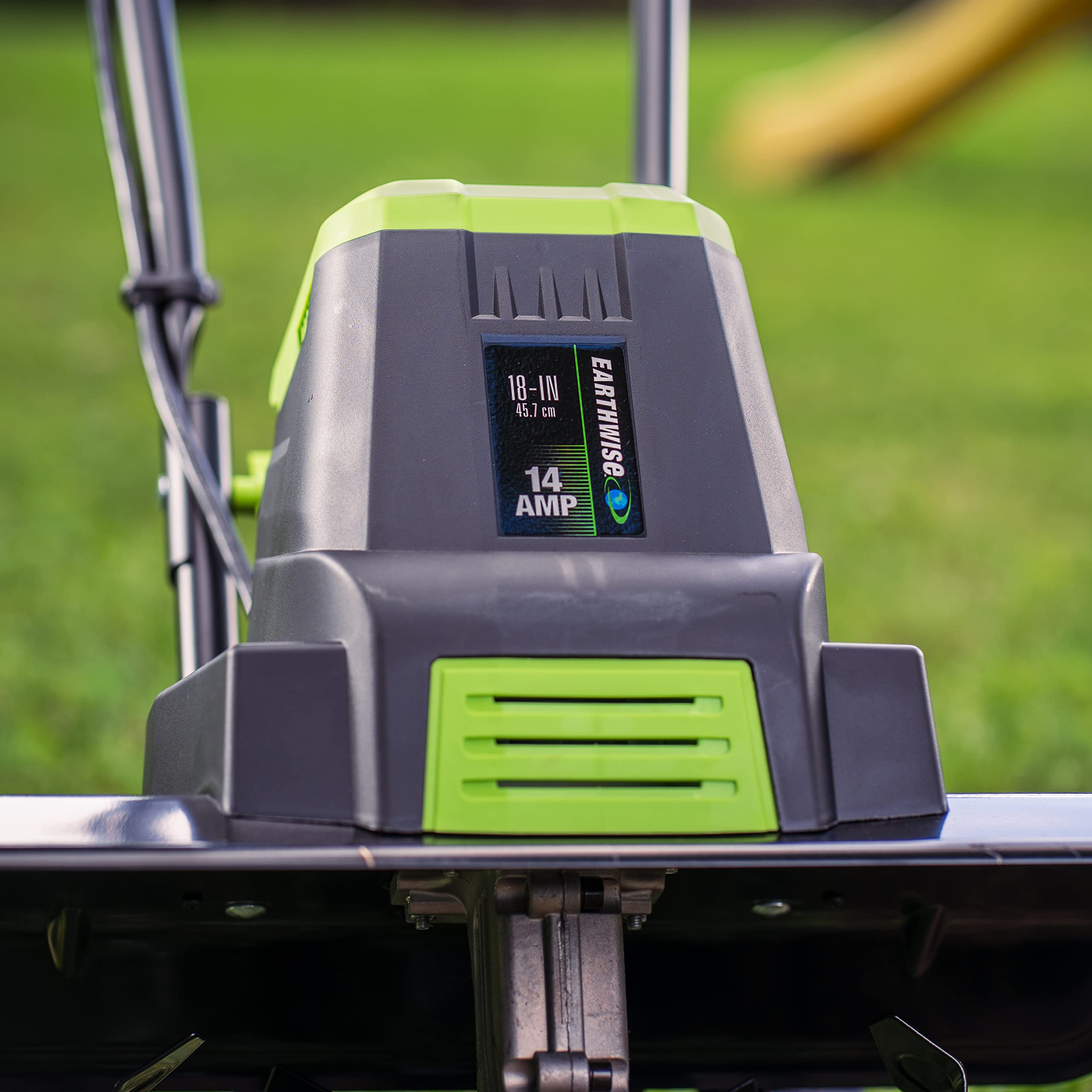 Earthwise rear flip-down wheels deployed for easy transport benefit