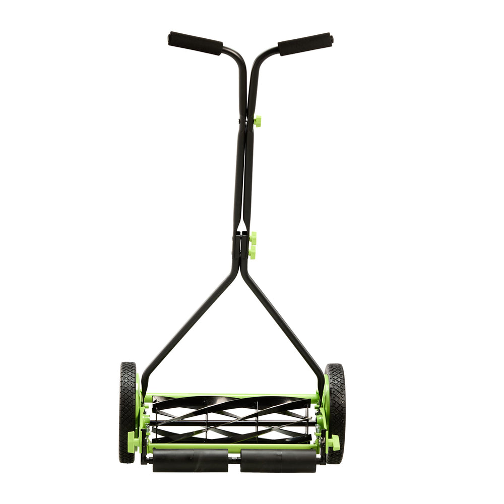 Earthwise mower next to foot for scale showing compact size and storage benefit
