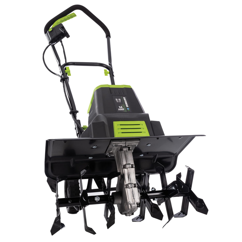 Earthwise front view showing compact tiller design and user-friendly stance