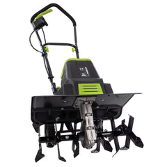 Earthwise front view showing compact tiller design and user-friendly stance