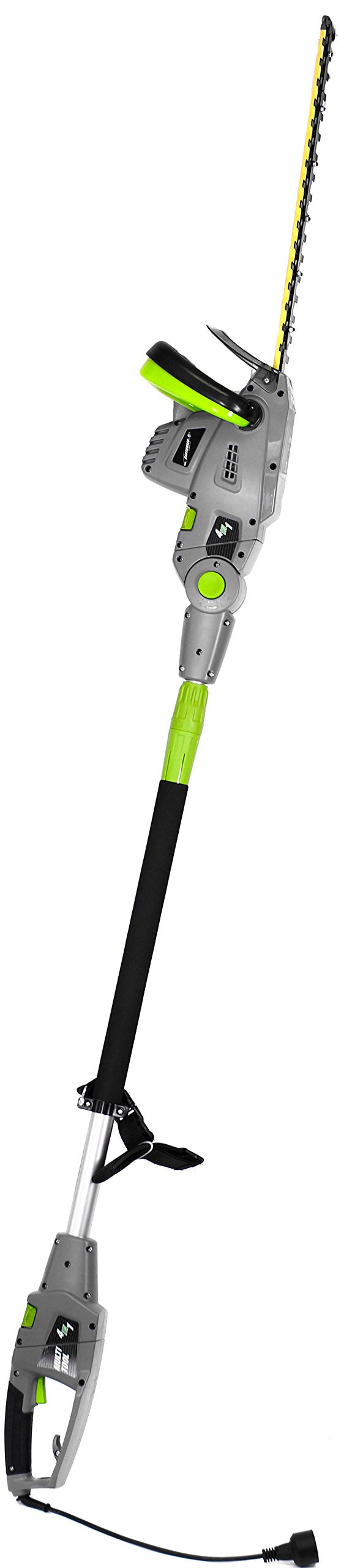 Earthwise telescopic pole extended to illustrate reach and ergonomic benefit