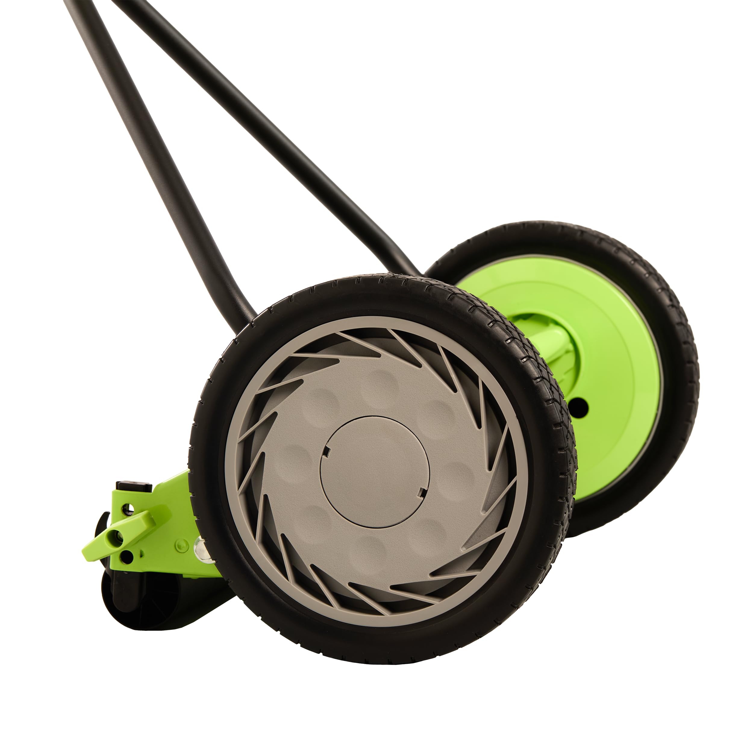 Earthwise composite 10-inch wheel detail for smooth rolling and easy maneuvering benefit