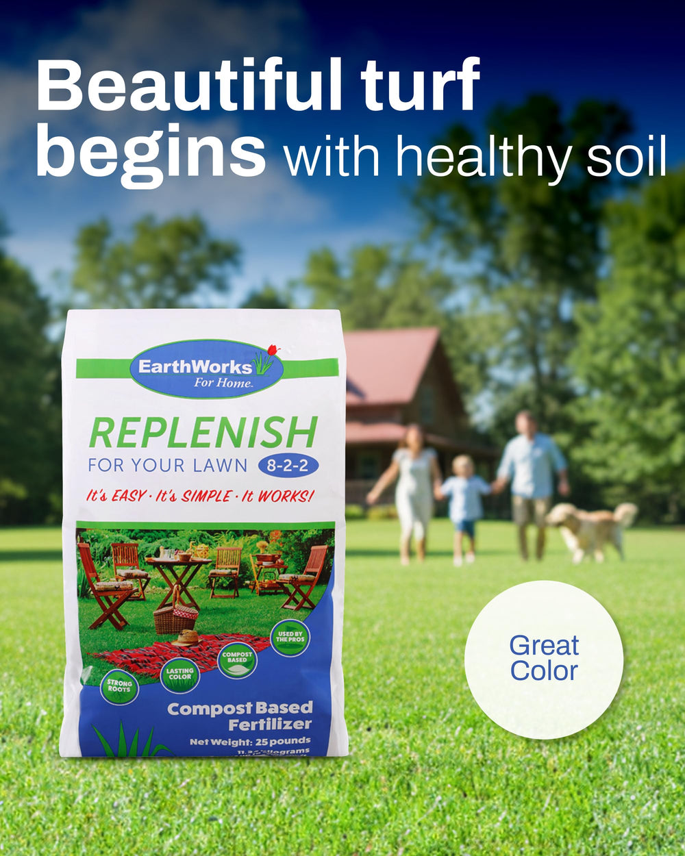 EarthWorks-treated lawn displaying deeper green and denser turf