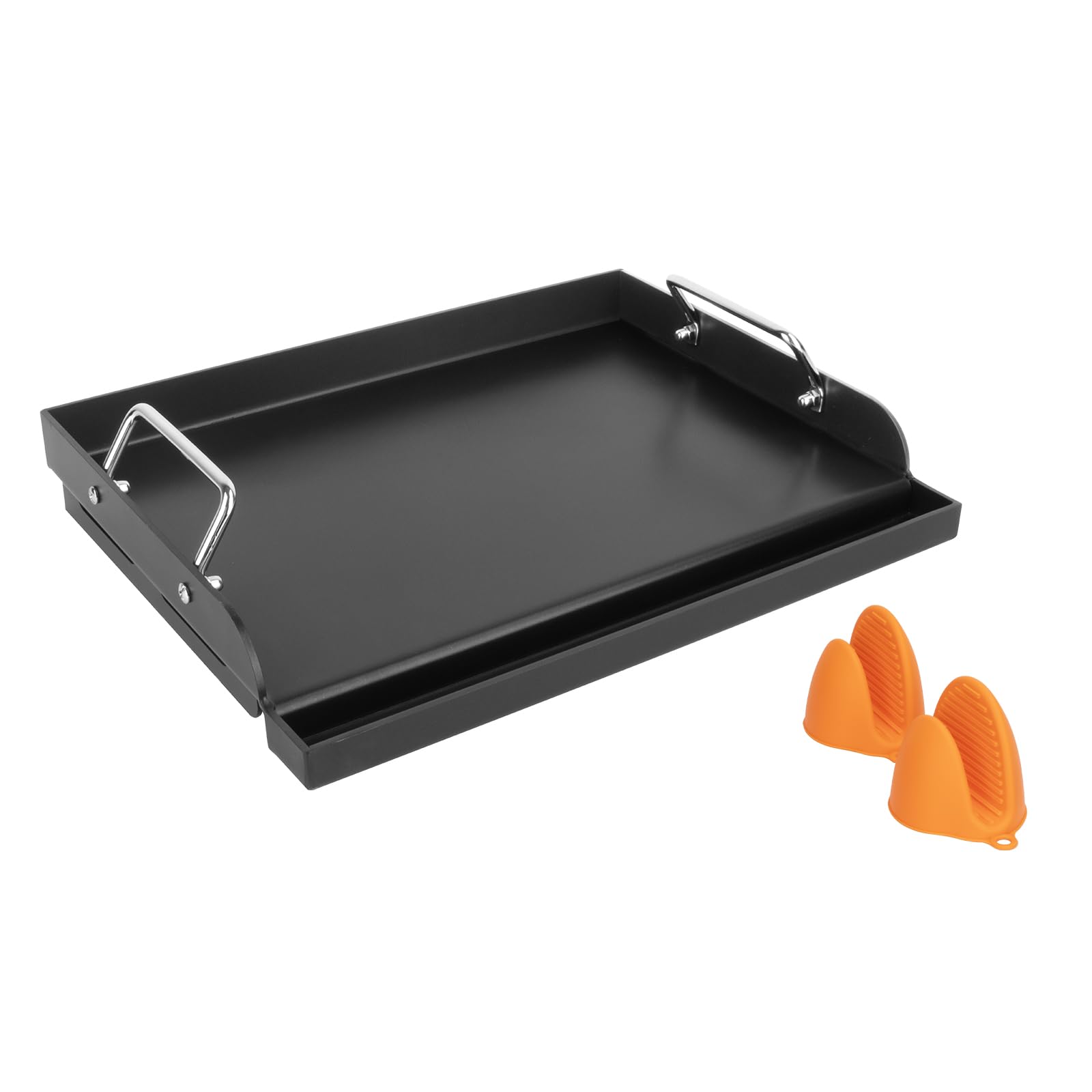 EasiBBQ front view flat top griddle showing full 17x13 cooking area and fit