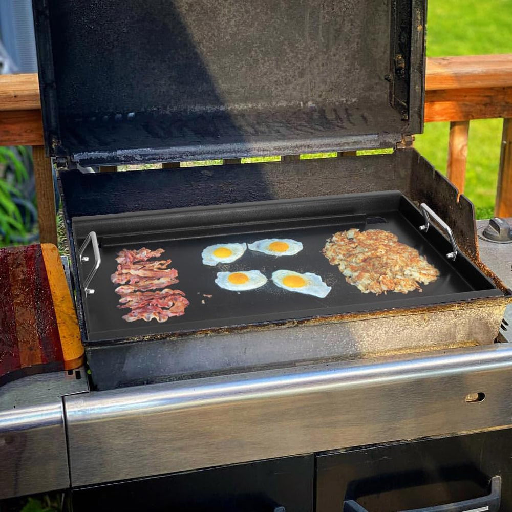 EasiBBQ griddle with measuring tape showing 15x21.7 inches size benefit