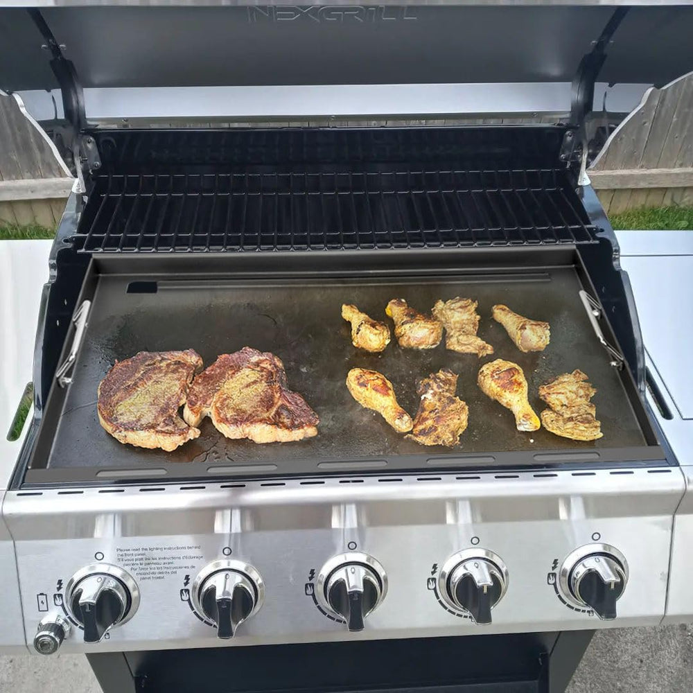 EasiBBQ griddle in backyard cookout demonstrating versatile grilling and serving