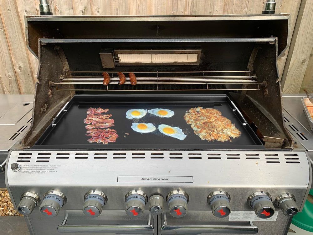 EasiBBQ griddle next to ruler showing 19 x 29.5 inch size for planning benefit