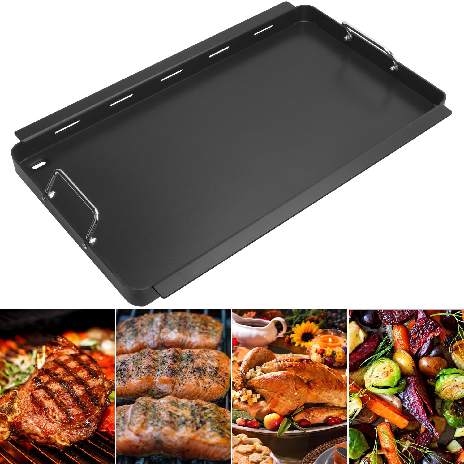EasiBBQ packaging and contents layflat including griddle and silicone mitt for an out-of-box view