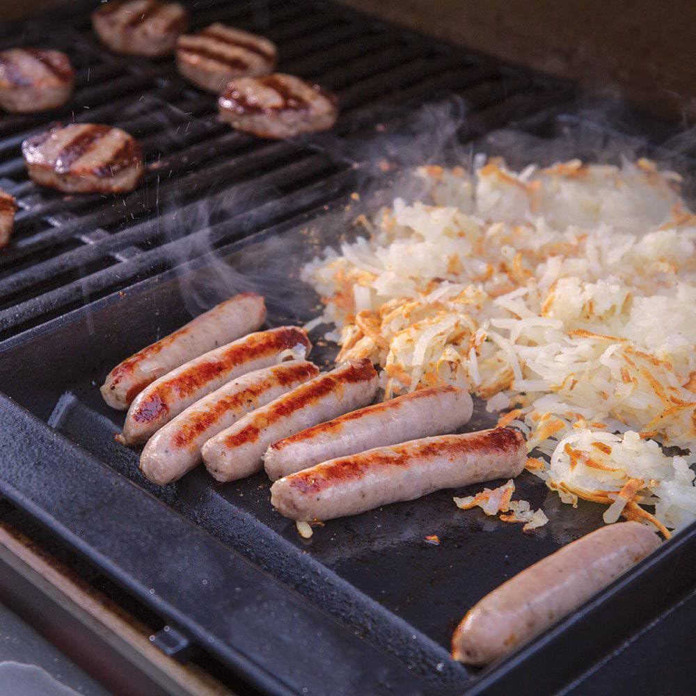 EasiBBQ packaged griddle with label showing ready-to-install benefit