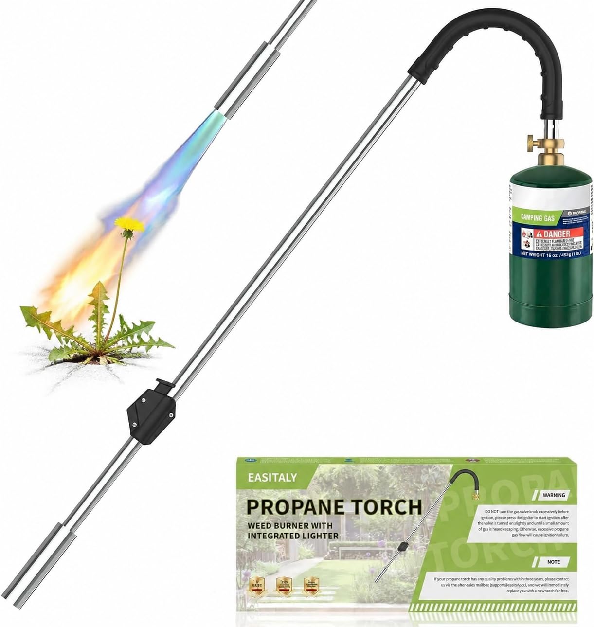 EASITALY front view showing whole propane weed torch and package benefit precision