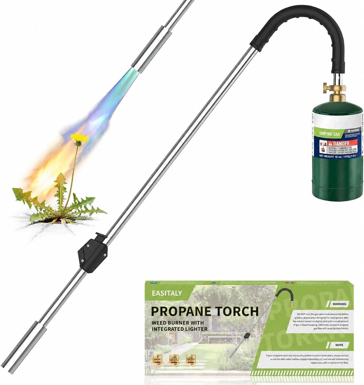 EASITALY front view showing whole propane weed torch and package benefit precision