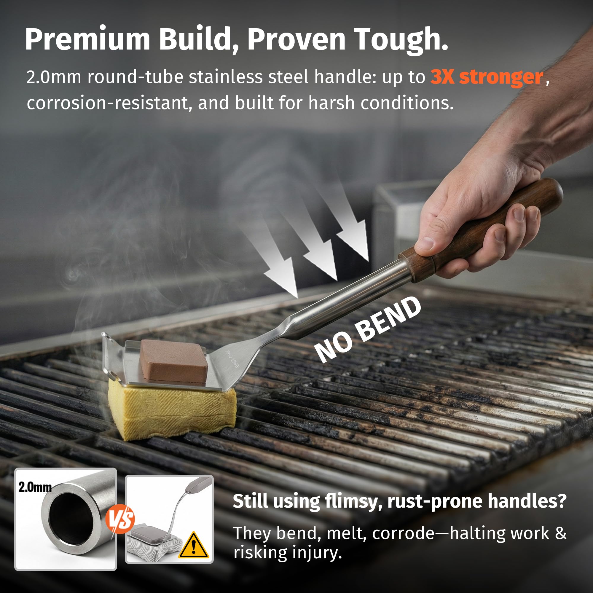 EAST OAK 3-in-1 scraper notches displayed for versatile grate compatibility