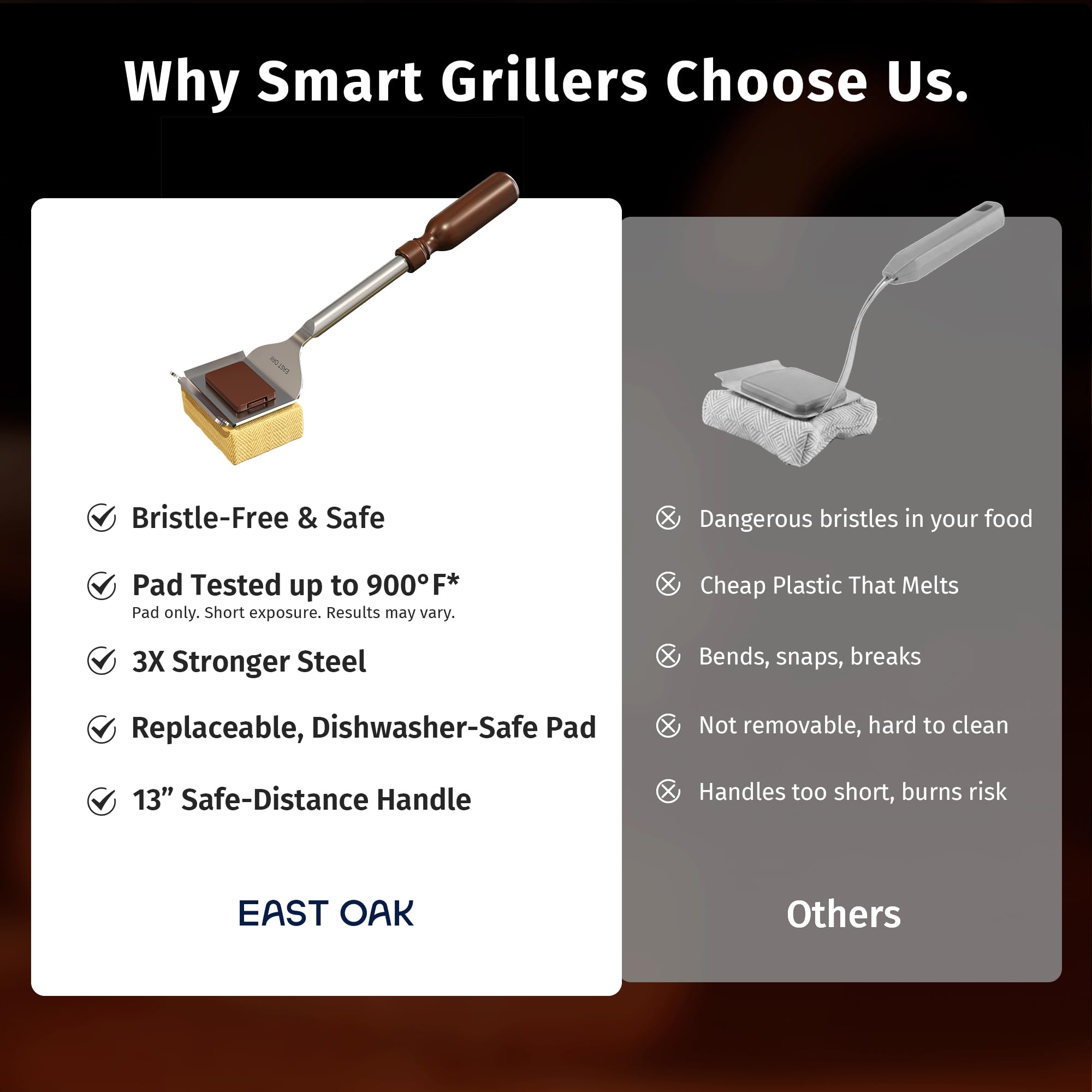 EAST OAK brush scrubbing hot grill grate showing efficient steam-assisted cleaning