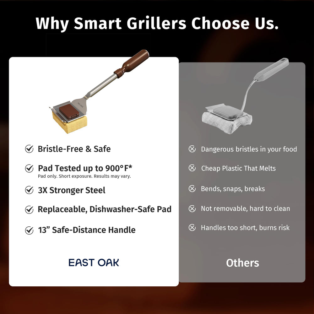 EAST OAK brush scrubbing hot grill grate showing efficient steam-assisted cleaning