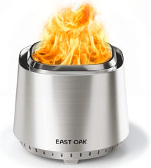 EAST OAK front view showing compact stainless steel pit and wide flames benefit warmth