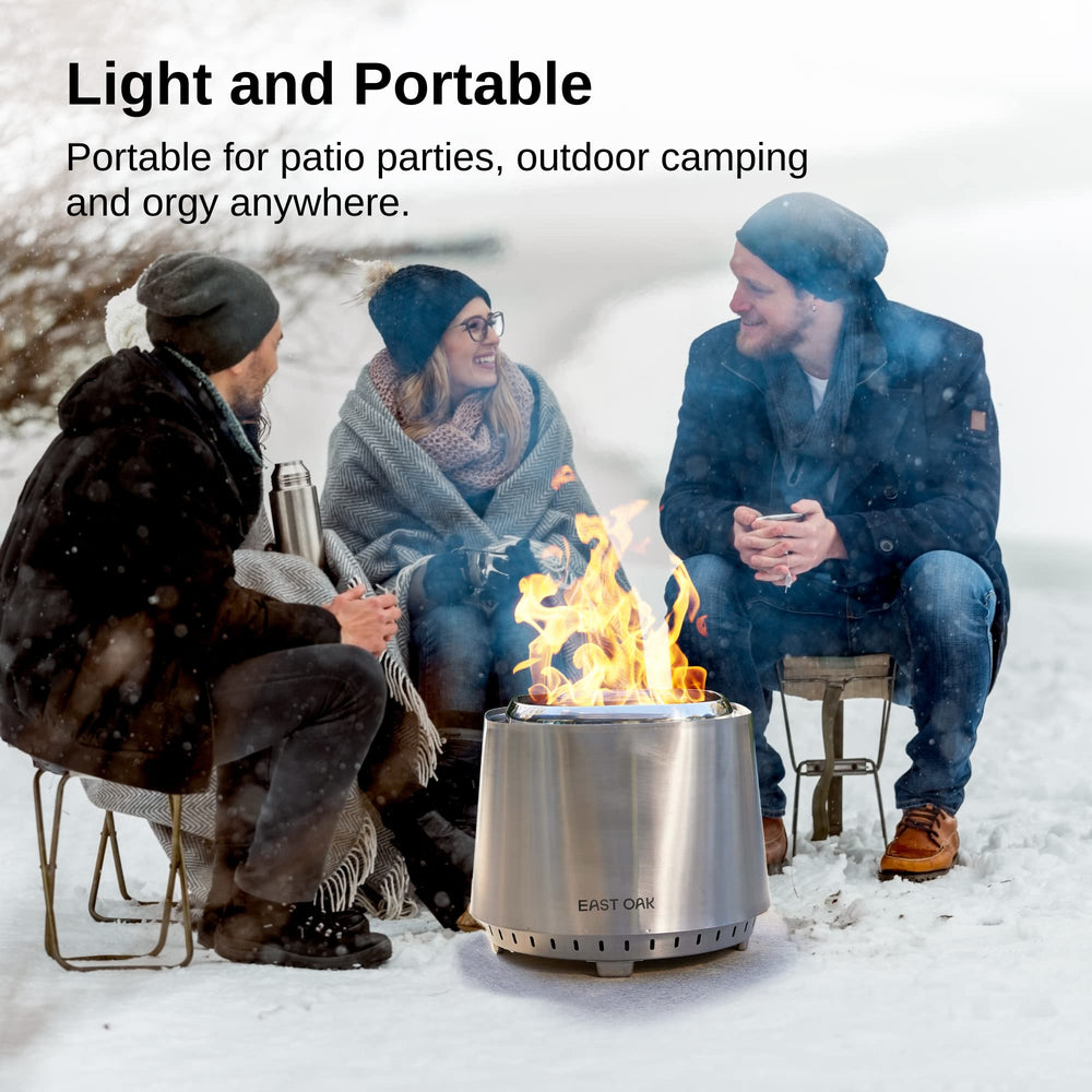 EAST OAK fire pit in use on patio with people enjoying smoke-reduced warmth benefit