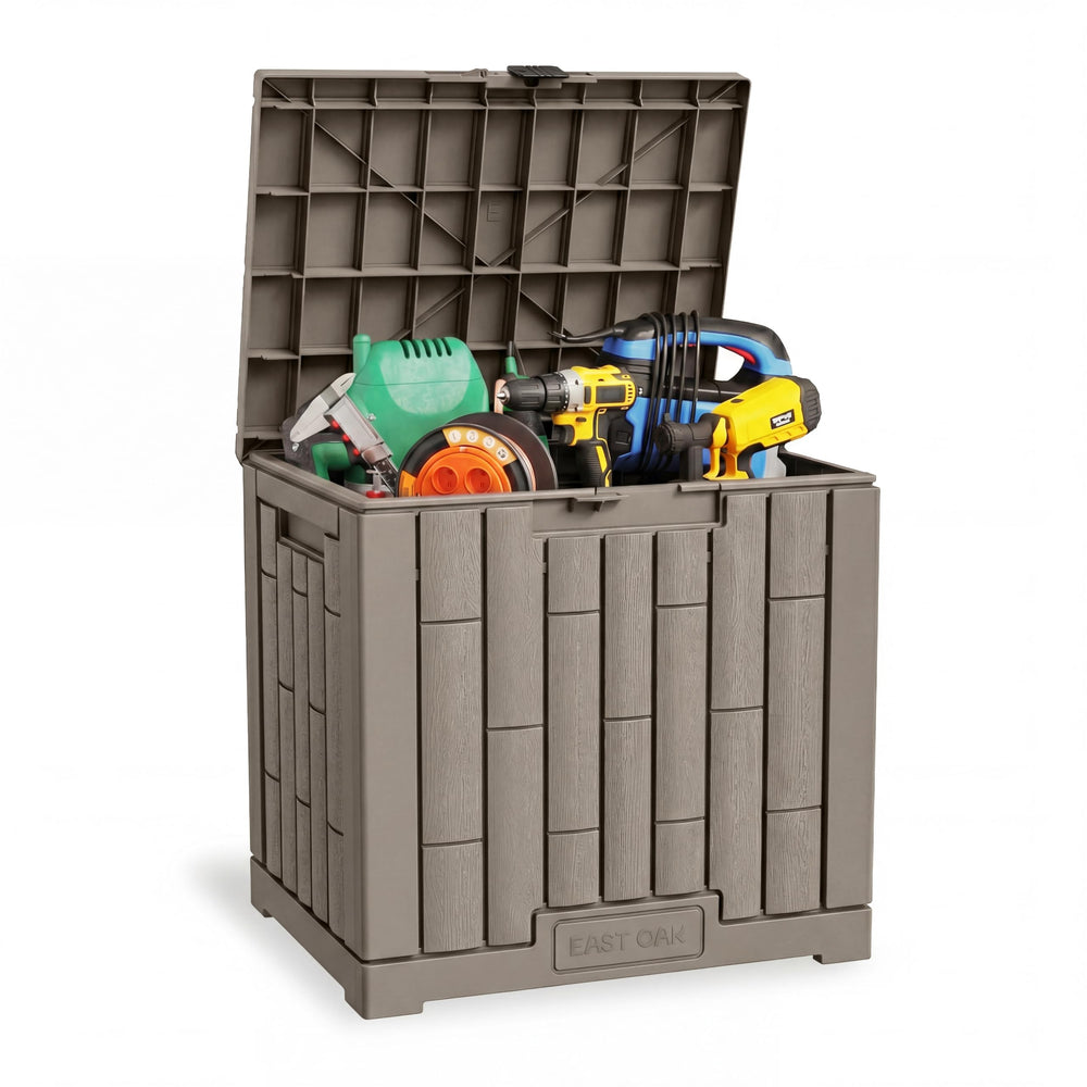 EAST OAK front view of deck box showing compact storage and weatherproof design
