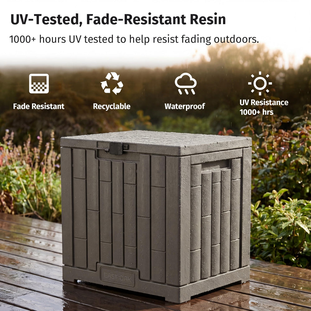 EAST OAK lid close-up showing lockable rim and UV-resistant resin finish