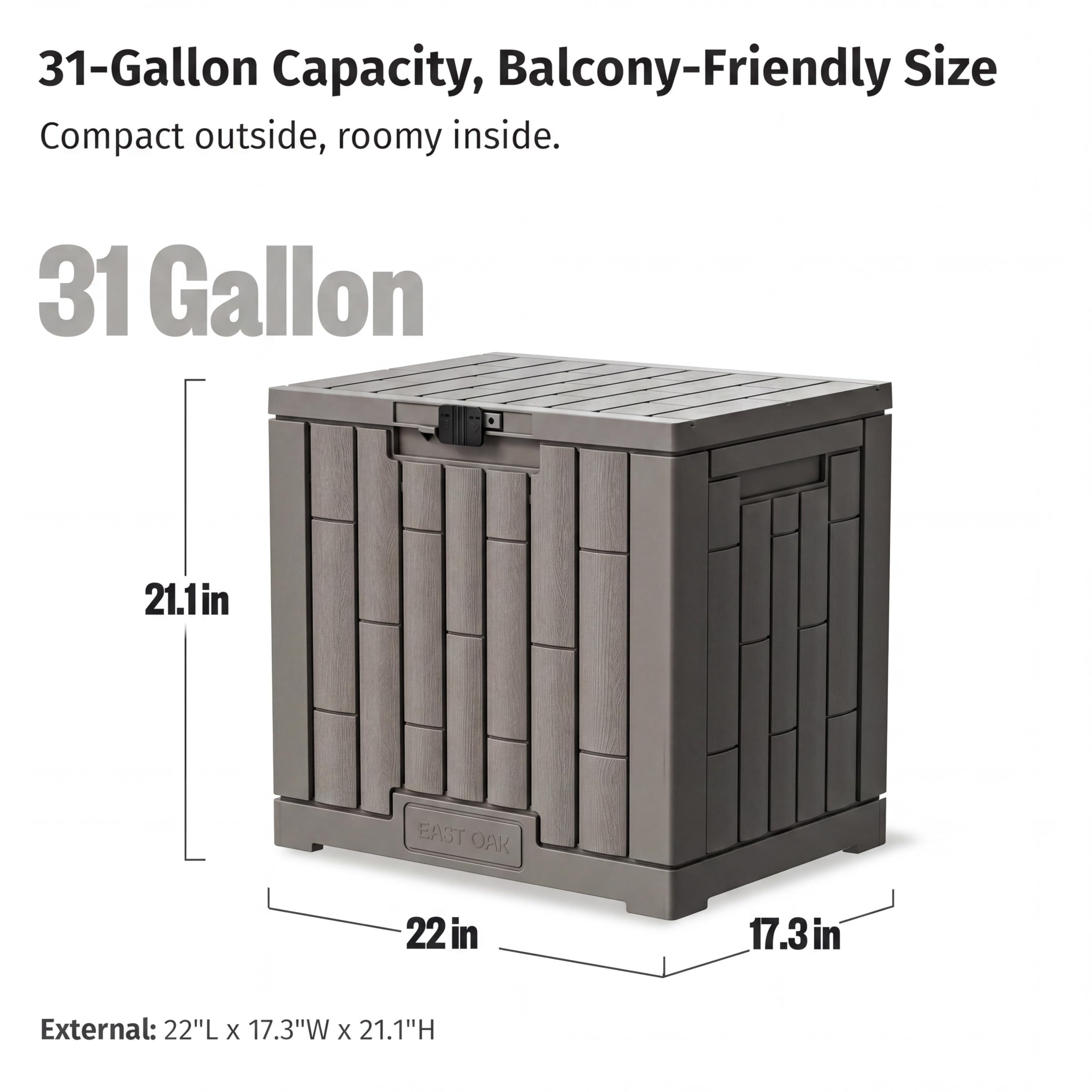 EAST OAK patio scene illustrating tidy outdoor storage and attractive fit