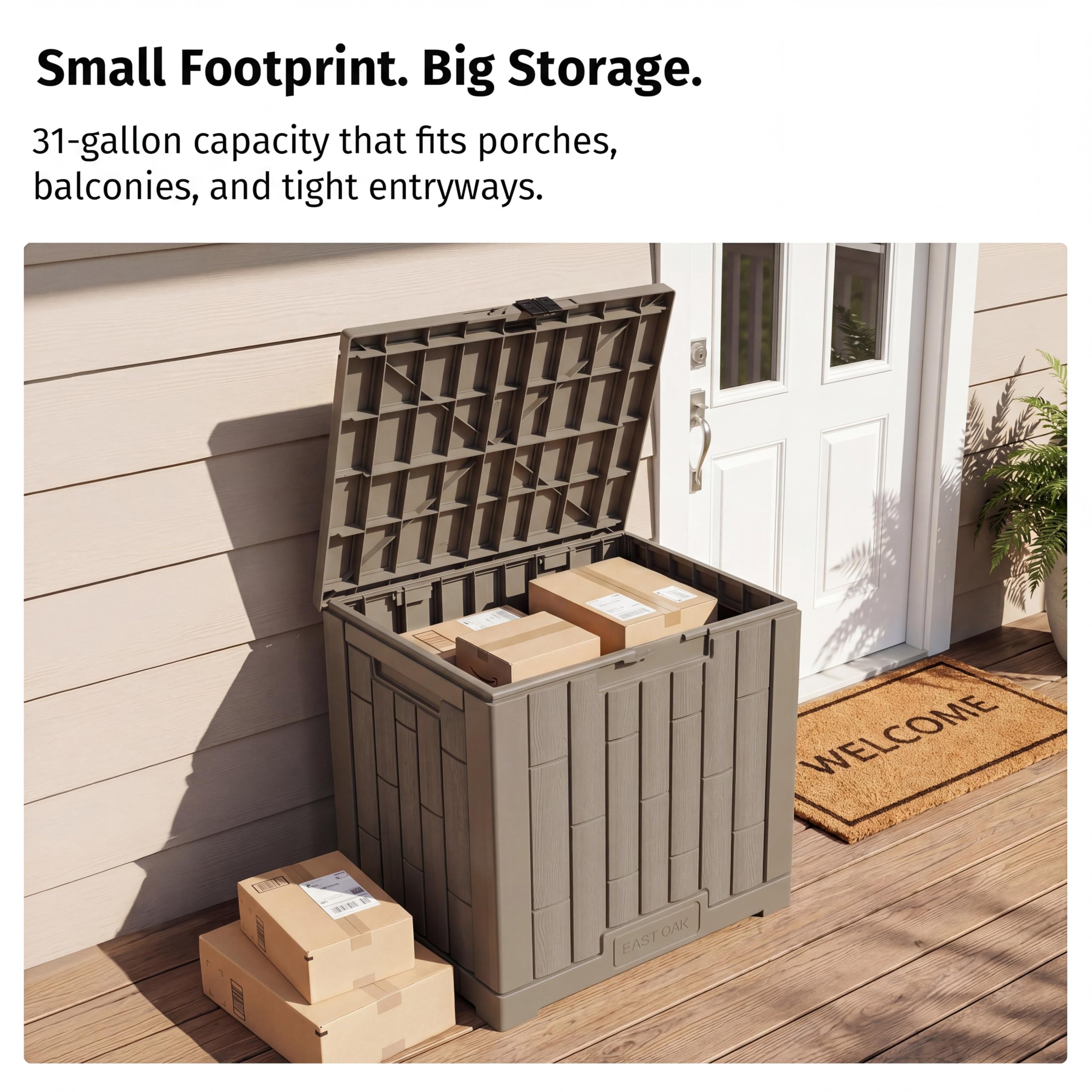 EAST OAK used as a seat and small table showing 170 lb load capacity