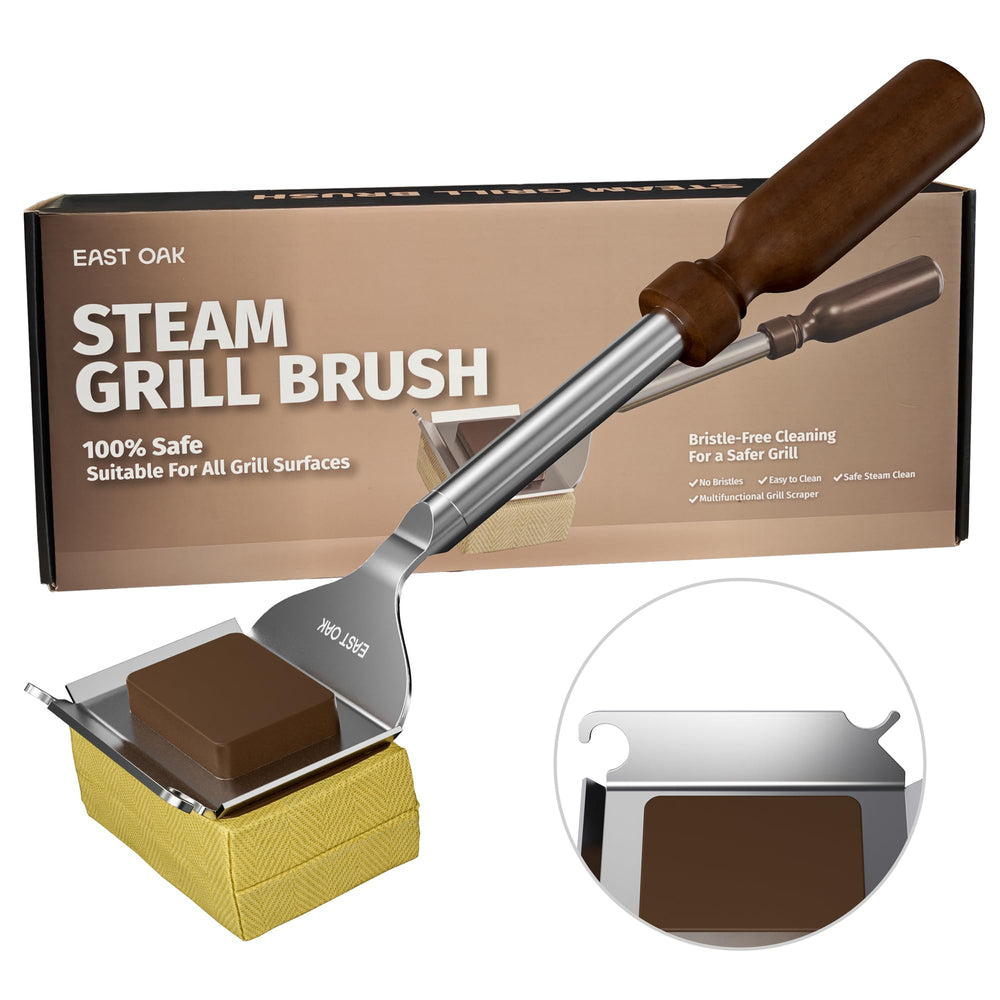 EAST OAK front view of grill brush showing bristle-free design and packaging benefit