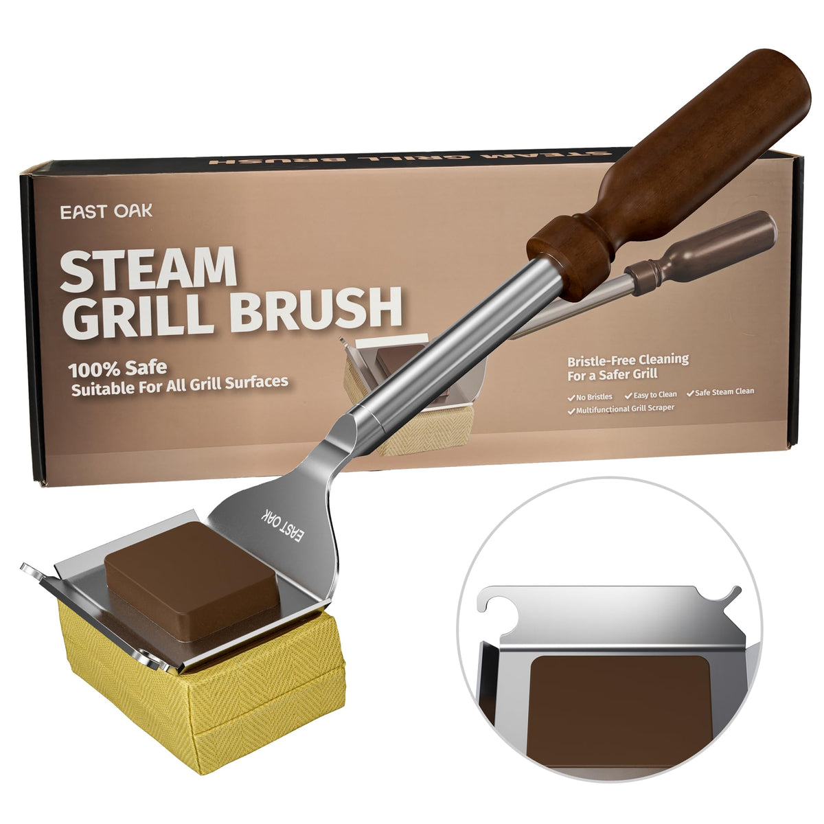 EAST OAK front view of grill brush showing bristle-free design and packaging benefit