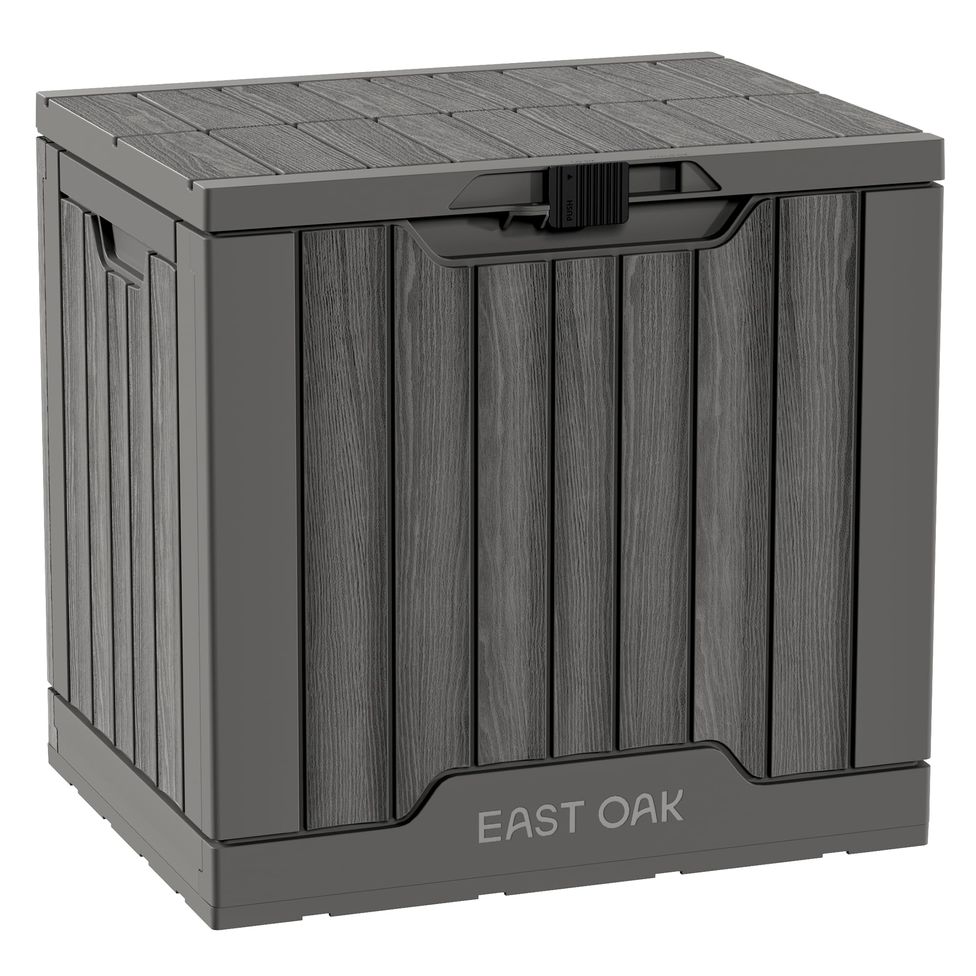 EAST OAK front view of deck box showing compact footprint and durable finish